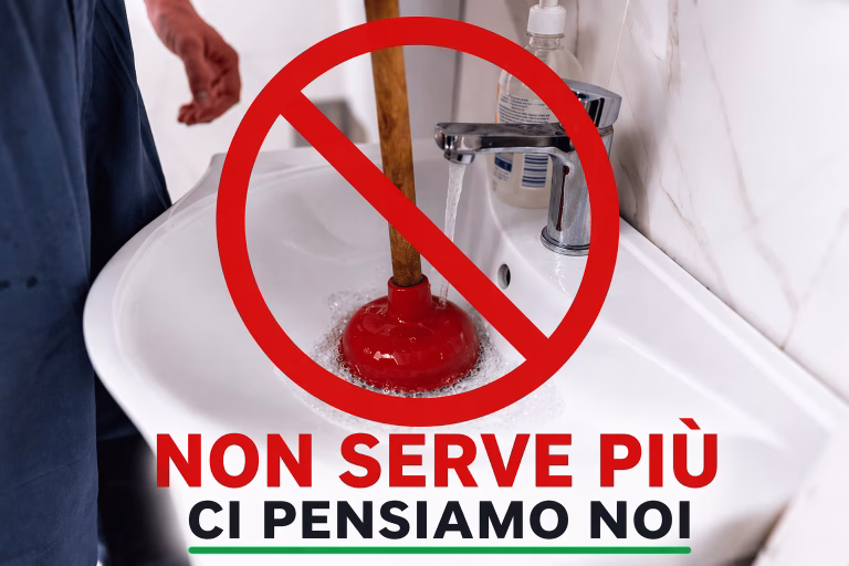 Immagine promozionale con simbolo di divieto sopra uno sturalavandini in un lavabo e messaggio che invita a scegliere un intervento professionale