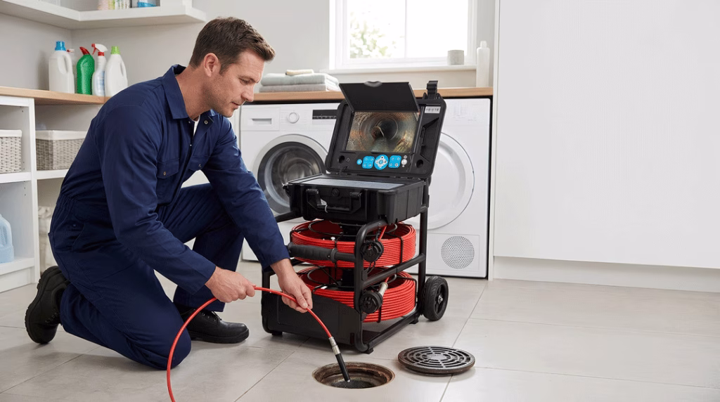 Tecnico mentre esegue un controllo di tubazione da uno scarico a pavimento con sistema professionale di ispezione e monitor