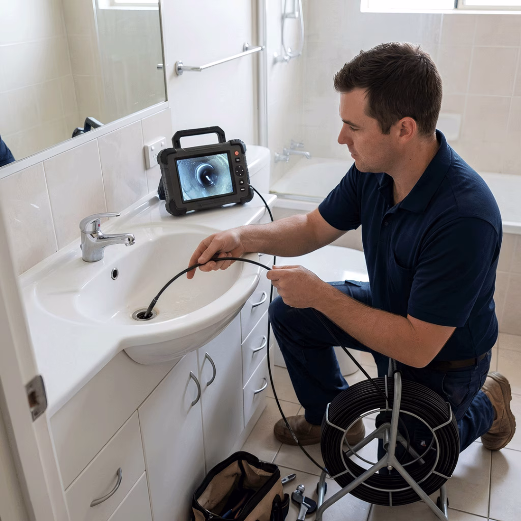 Tecnico mentre esegue una videoispezione domestica dal lavandino del bagno con telecamera per tubazioni e monitor di controllo