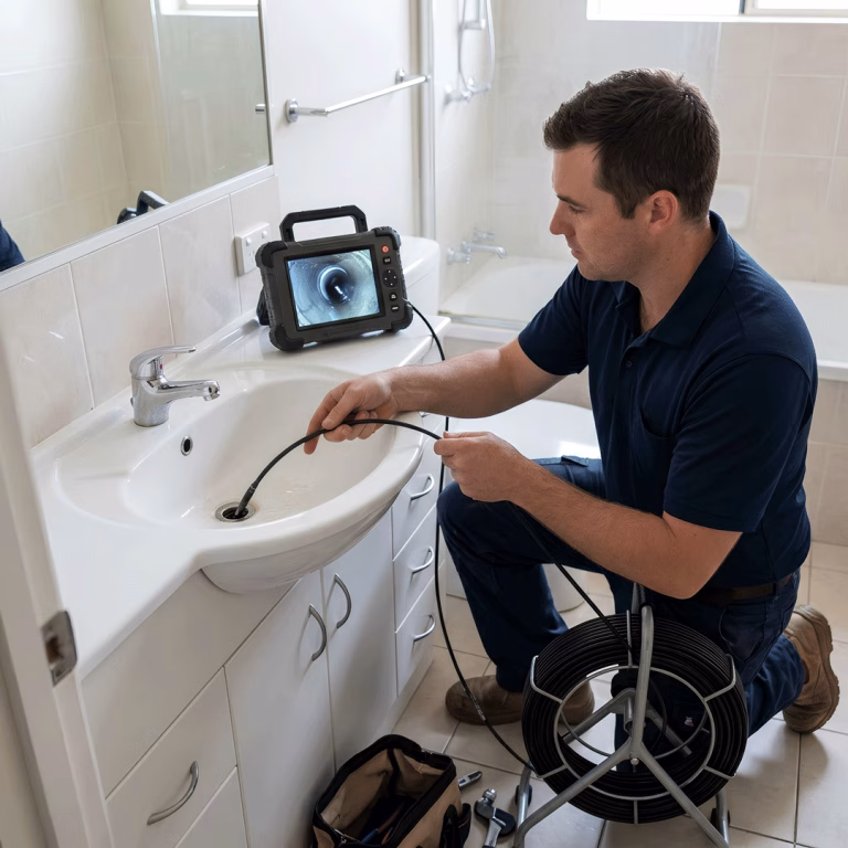 Tecnico mentre esegue una videoispezione domestica dal lavandino del bagno con telecamera per tubazioni e monitor di controllo