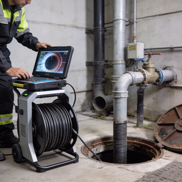 Tecnico durante una videoispezione di tubazioni industriali con telecamera professionale e monitor vicino a un pozzetto