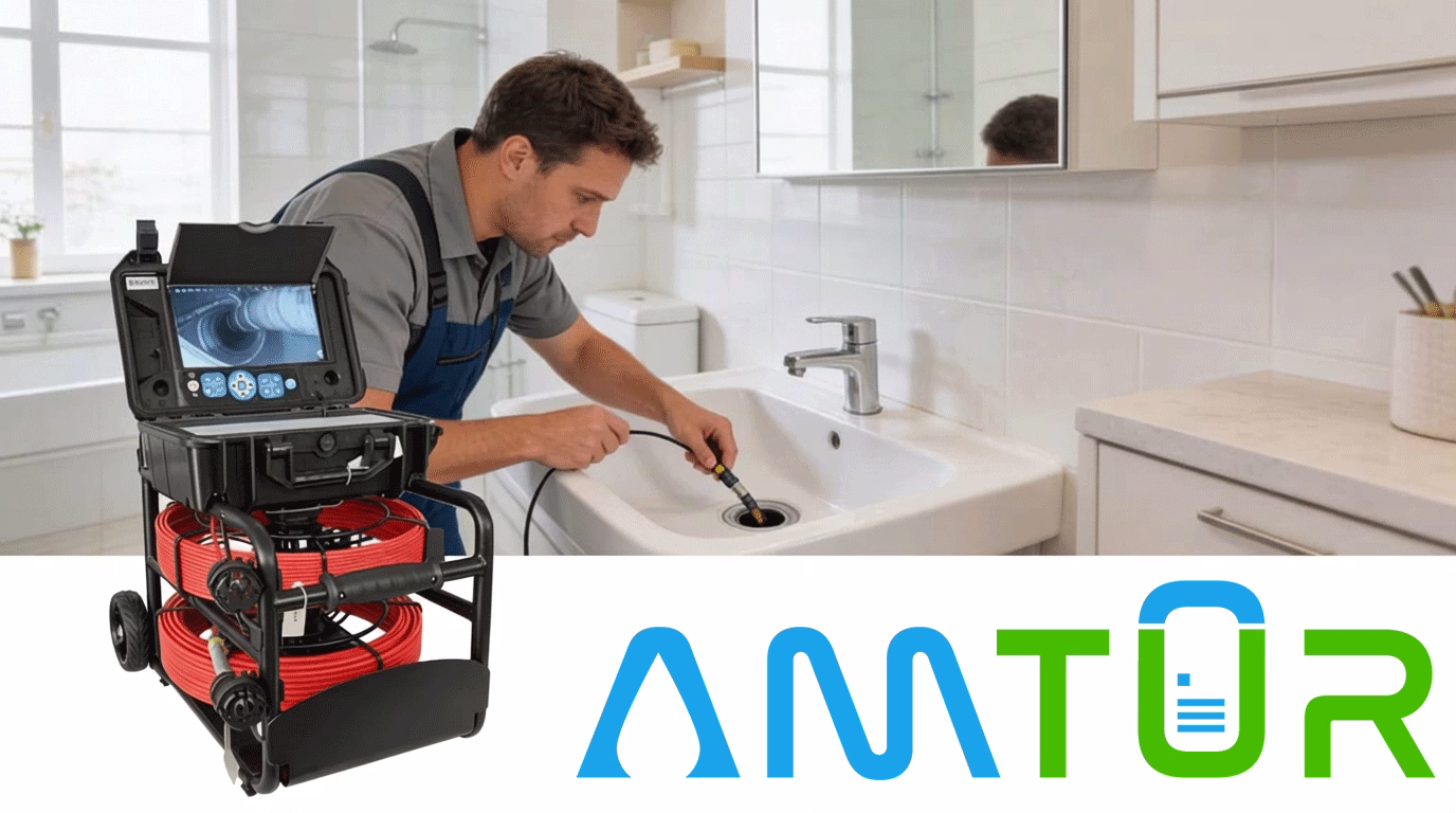 Tecnico che esegue una videoispezione dal lavandino con sistema professionale e logo AMTUR in primo piano