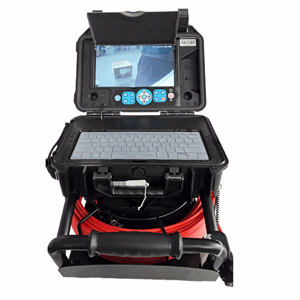 Sistema professionale per videoispezione tubazioni con monitor integrato, bobina e carrello di supporto per il controllo interno delle condotte