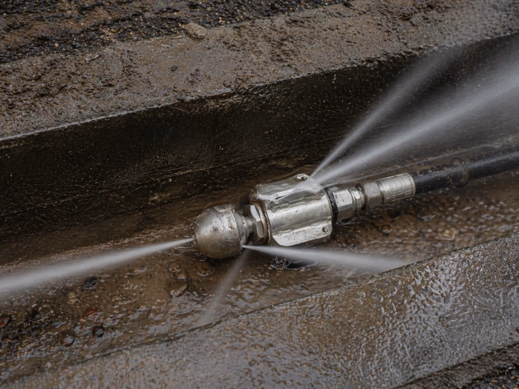 Lancia ad alta pressione per pulizia tubazioni con getti d’acqua in una canaletta di scolo