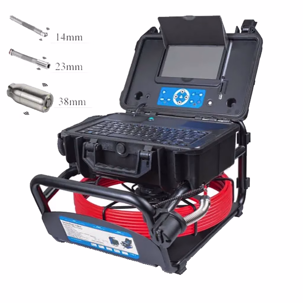 Sistema professionale per videoispezione tubazioni con monitor, tastiera, bobina e indicazione delle dimensioni delle sonde e della testa camera
